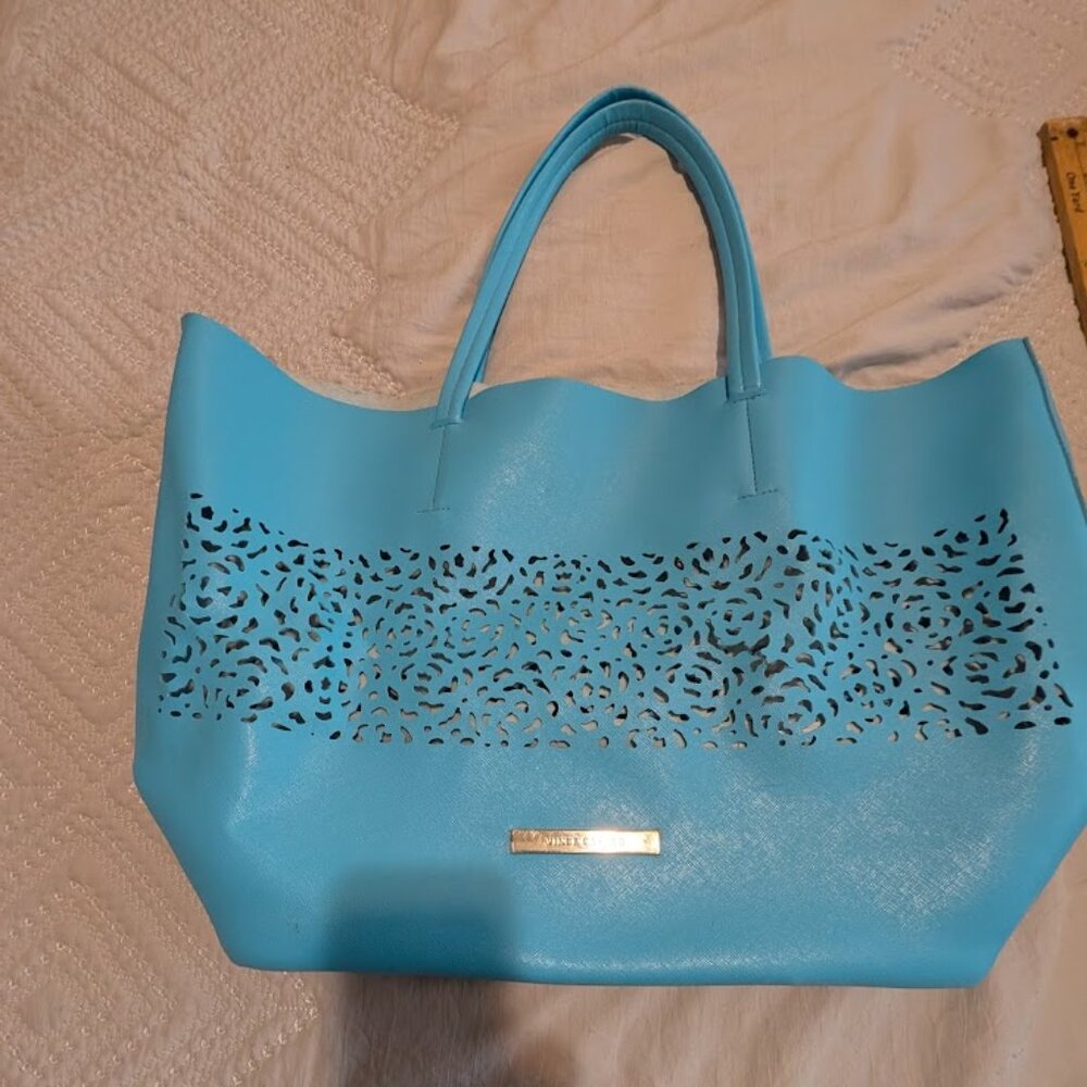 Vince Camuto Sky Blue Laser-Cut Vinyl Tote Bag Large Beach Market